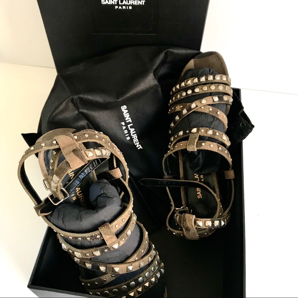 NEW YEAR SALE! NWT SAINT LAURENT RUGGED SUEDE CAMOUFLAGE SILVER STUDDED SANDAL - Picture 8 of 14